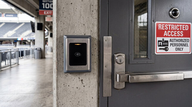 Close up of electronic security smart badge reader mounted next to restricted access entrance door