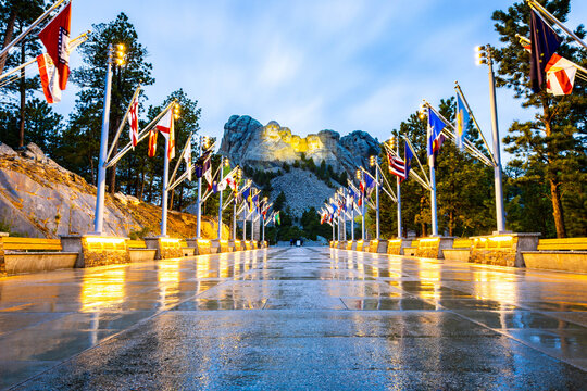 Mount Rushmore National Memorial Flags Rainy Night Reflections
