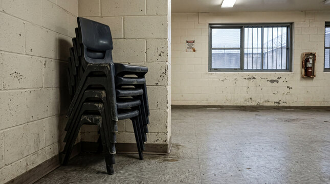 Stack of Worn Unbranded Plastic Chairs in the Quiet Corner of an Empty Multipurpose Room