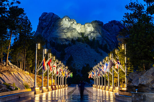 Mount Rushmore State Flags Rainy Night Reflections