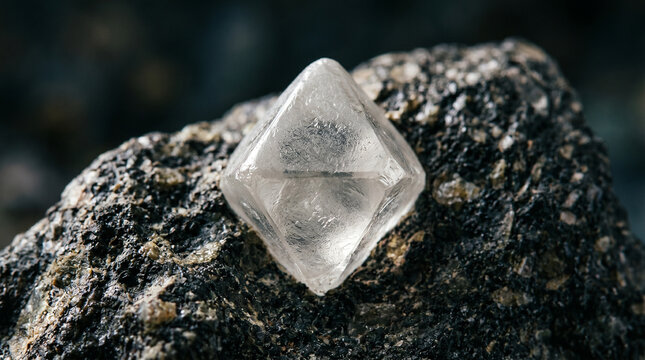 Rough uncut diamond octahedral crystal on dark kimberlite rock natural precious gemstone mineral