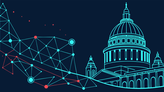 Modern Flat Design Illustration of US Capitol Building with Network Connection Lines and Nodes for Technology and Government Concept