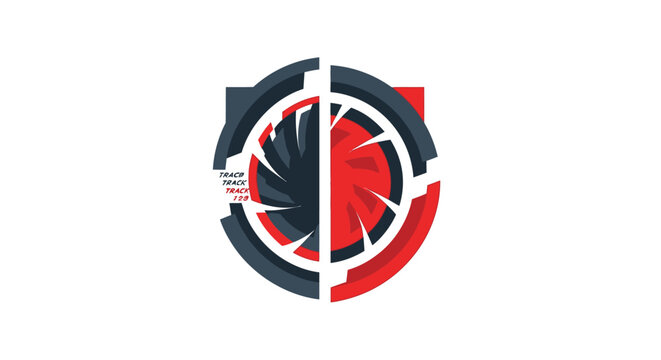 Abstract geometric camera shutter logo design with red and black halves.