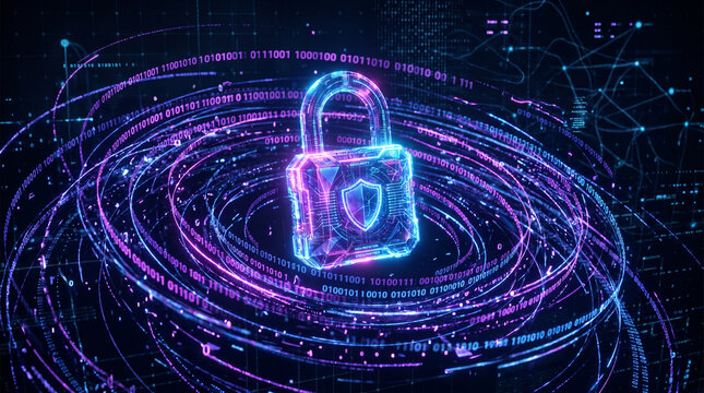 Abstract 3D visualization of a glowing digital padlock surrounded by flowing binary code in dark blue and neon purple, cybersecurity and data protection concept