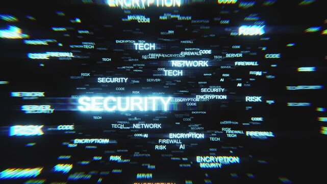Abstract Cyber Security Word Cloud Flying in Dark Space, Technological Words Tunnel Loop for Network Protection and Data Encryption Background