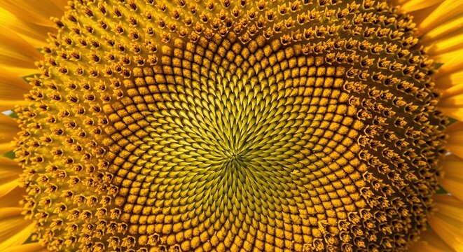 Vibrant close-up of a sunflower's intricate spiral seed pattern, showcasing nature's Fibonacci sequence.