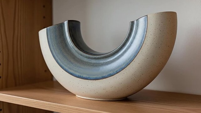 Modern abstract ceramic vase with blue and beige glaze on a wooden shelf.