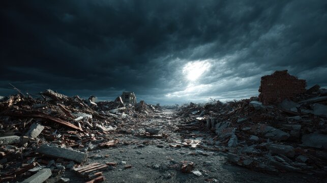 Apocalyptic cityscape with the ruins of a destroyed city, under a stormy sky