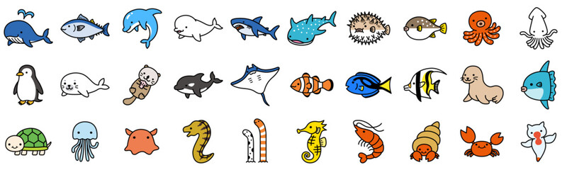 ポップでかわいい海の生き物のイラストアイコンセット © nyaramero