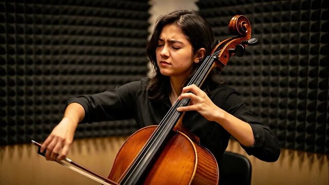 A woman plays the cello with intense concentration in a soundproof studio.