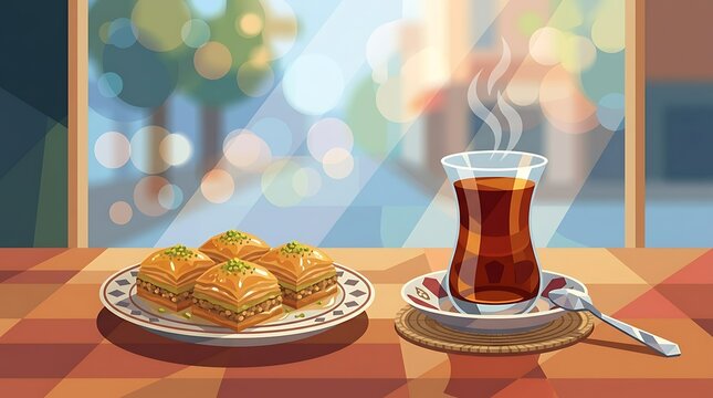 Authentic baklava vector art with hot tea near a sunny window