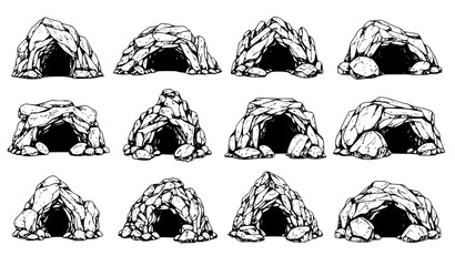 Stone Cave Entrance Sketch Collection with Grottos and Boulder Covered Caverns Vector © Romjan