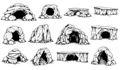Hand Drawn Stone Cave and Grotto Sketch Vector Set with Rocky Entrances and Boulders © Romjan