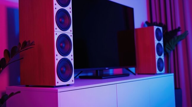 Modern home entertainment setup features large flat screen tv and stacked speakers. Ambient neon lighting in pink and blue creates atmosphere. Interior design with plant and minimalist furniture.