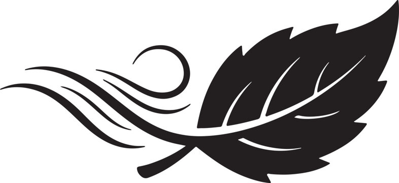 Black silhouette of a leaf with abstract flowing wind lines, abstract