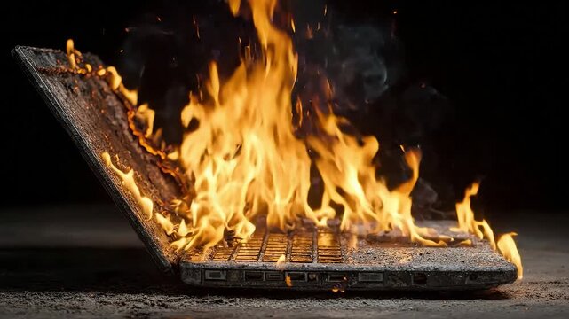 A laptop computer engulfed in flames, signifying disaster and malfunction.