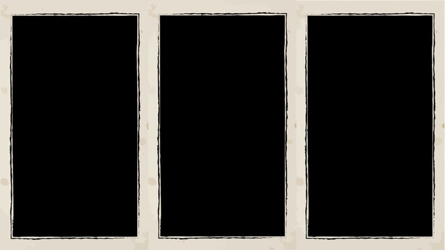 Three minimalist black rectangular frames with torn edges