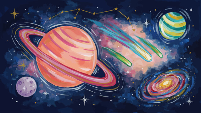 Whimsical space illustration featuring saturn with rings, comet, galaxy, uranus, and moon