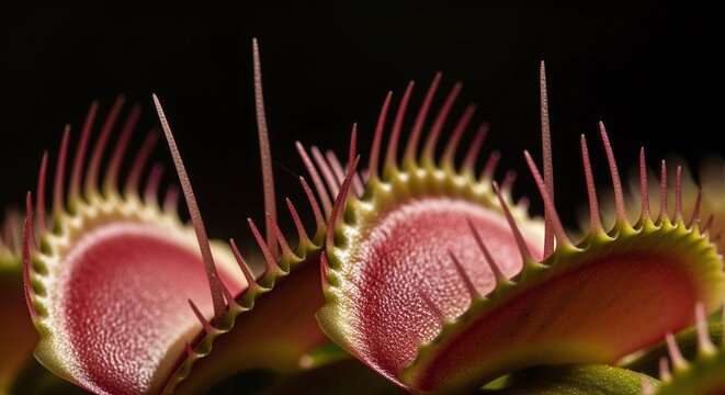 Intriguing Venus flytrap mouths with sharp teeth in dramatic light against dark background