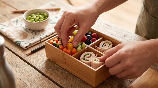 Woman Preparing Healthy Bento Box Lunch with Fresh Vegetables and Turkey Roll Ups for Work or School Meal Prep
