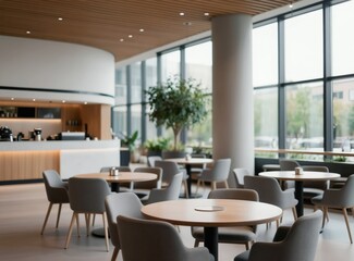 Fototapeta premium Modern empty cafe interior with round tables and chairs. Large windows offer natural light. Coffee bar area with counter and equipment. Neutral colors and clean design. Tree inside adds green.