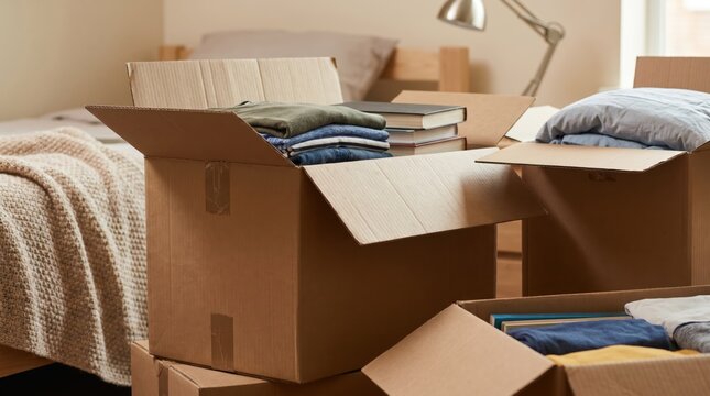 Cardboard Moving Boxes Packed with Clothes and Books for Relocation in a Bedroom Setting
