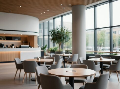 Modern empty cafe interior with round tables and chairs. Large windows offer natural light. Coffee bar area with counter and equipment. Neutral colors and clean design. Tree inside adds green.