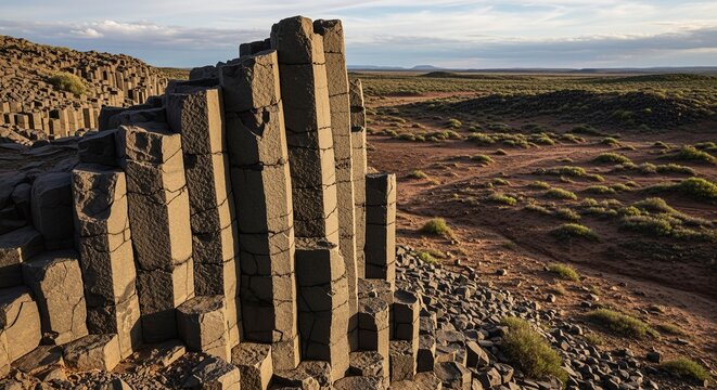 Dramatic hexagonal basalt columns rise from a rugged, earthy landscape under a vast sky.
