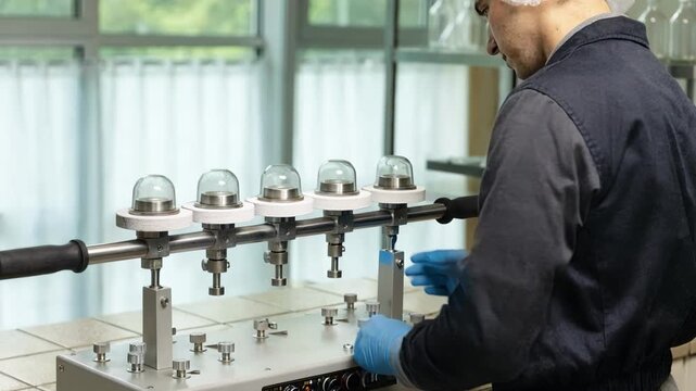 Medium shot capturing detailed interaction between operator and mechanical tester adjusting torque settings on multiple sterile caps