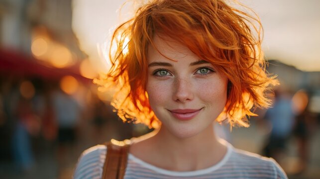 Close up portrait of a beautiful woman with short red hair at sunset.