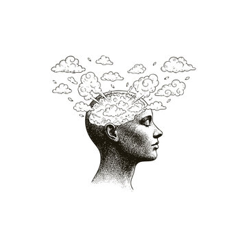 Vintage engraving style vector illustration of a human head profile with clouds exploding from the brain