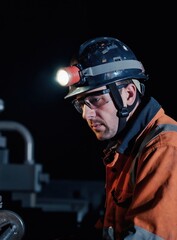 Fototapeta premium Miner wears helmet with lamp, safety glasses, orange jacket. Works at night in dark industrial setting. Focused on task, likely operating machinery monitoring controls. Shows dedication to