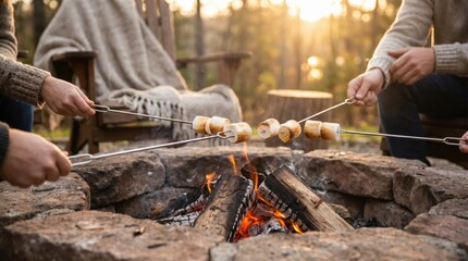 Fototapeta premium Friends Roasting Marshmallows Over Outdoor Stone Fire Pit at Sunset for Cozy Autumn Camping Vacation Concept