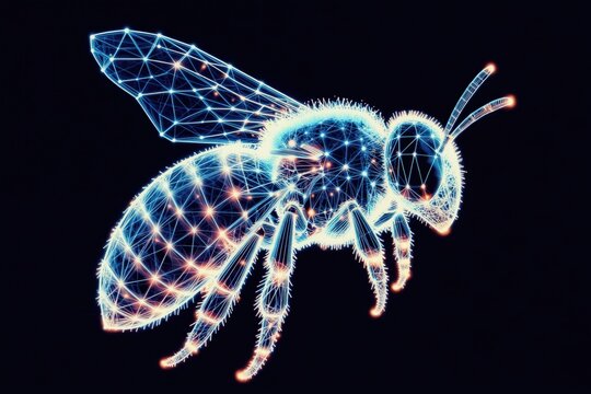 Digital wireframe bee illustration glowing with neon blue and orange light. Geometric lines and points form abstract insect shape against dark background. Futuristic polygon art.