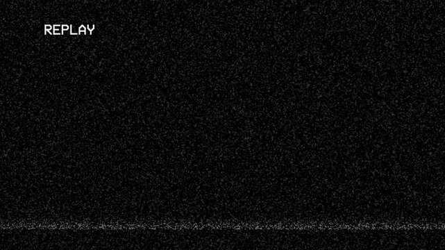 Replay vhs vcr glitch signal with static interference and white triangle icon. Ideal for retrothemed designs or vintage technology concepts.