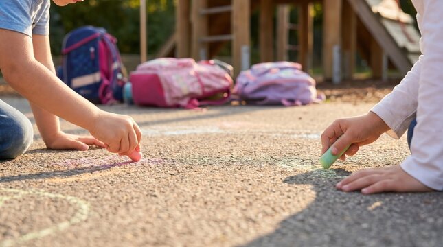 Two young children drawing with colorful chalk on asphalt playground surface, creative outdoor activity for kids