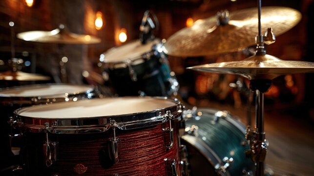 Complete drum kit with cymbals in a warm atmospheric music studio environment.