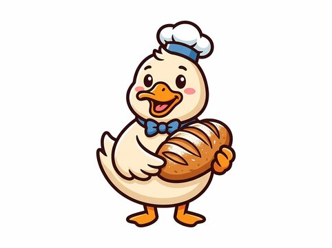 Cute cartoon duck chef holding a fresh loaf of bread 1.