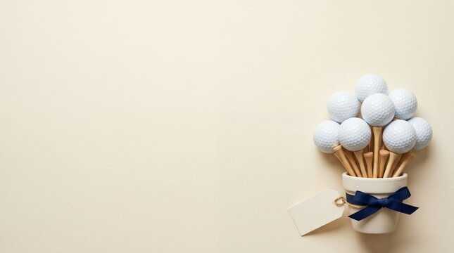 Happy fathers day golf bouquet made of golf balls and tees in a vase with ribbon on a neutral copyspace background arrangement sporting