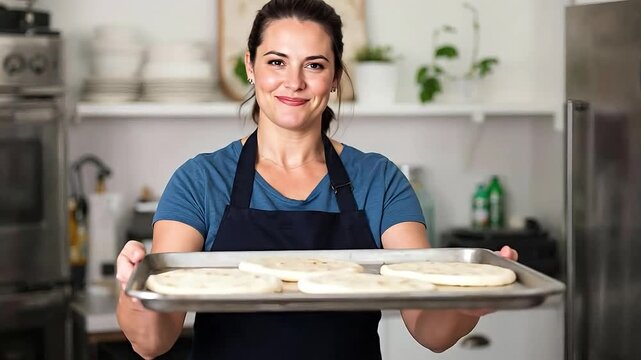 Smiling woman in apron holding a baking tray with fresh flatbread dough.