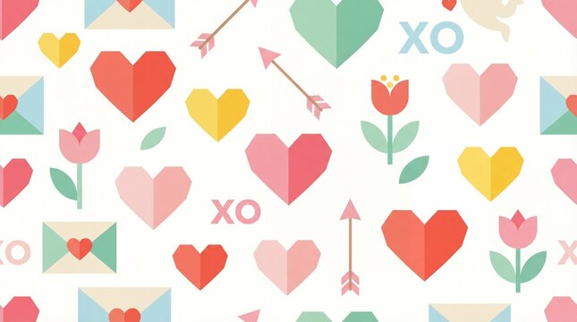 Seamless Valentines Day pattern with geometric hearts love letters and flowers.