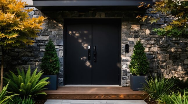 Modern black double doors feature smart locks and. Stone facade home entrance includes manicured plants and wooden stpic. Sleek exterior design.