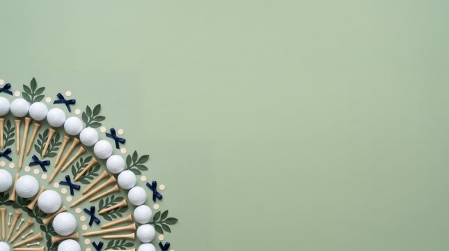 Happy fathers day golf themed composition for a greeting card, featuring golf balls and tees arranged in a half-circle pattern on a solid green background
