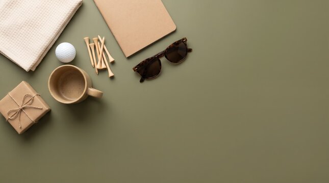 Happy fathers day golf themed flatlay scene with gift box towel notebook golf balls tees on a green background with generous empty copyspace