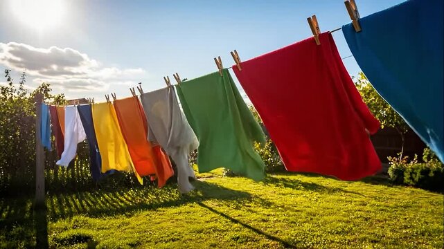 Colorful laundry drying on a clothesline in the bright sun