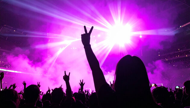 Rave Energy: A euphoric crowd pulses with energy under vibrant purple spotlights and atmospheric smoke, hands raised in celebration at a thrilling music festival.