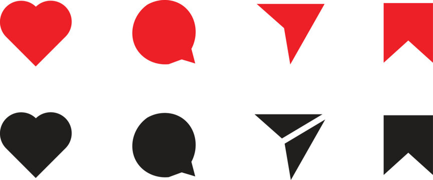 Minimalist social media interface icons set, red and black flat vector buttons, heart like comment share and save symbols for mobile apps