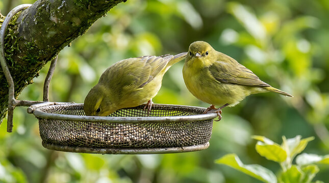 Two green birds eating from a hanging metal bird feeder in a lush green garden