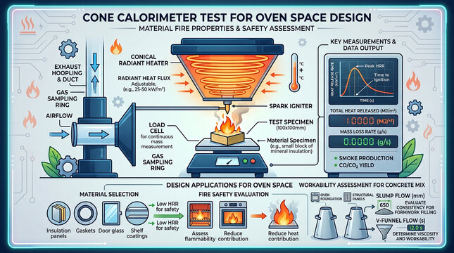 Infographic detailing the cone calorimeter test for oven space design, material fire properties, safety assessment, and design applications.