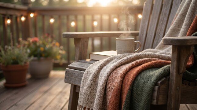 Cozy Autumn Morning Relaxation on Wooden Deck with Steaming Coffee Mug and Book for Hygge Lifestyle Concept